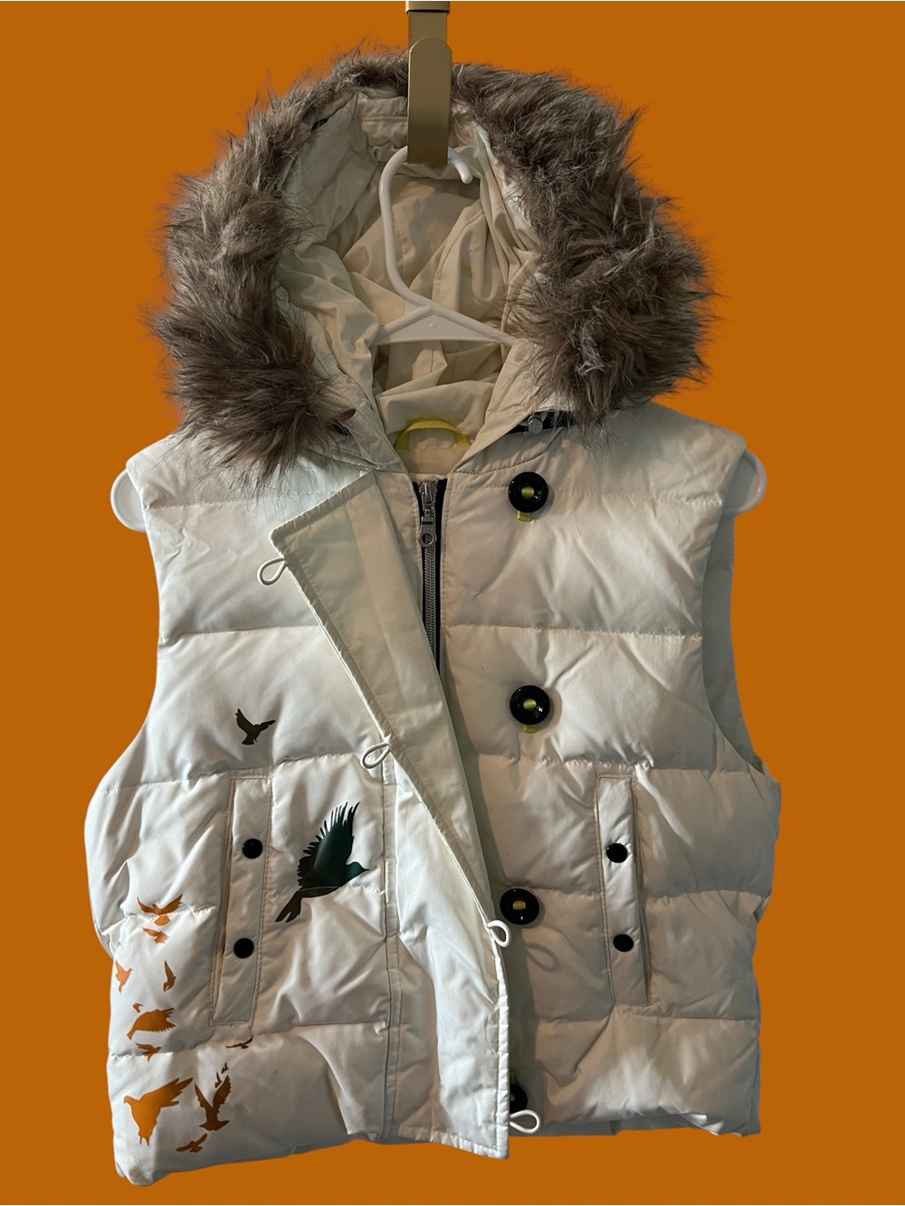 Gap White Puffer Vest with Faux Fur Hood & Bird Print & Love, Peace inside print